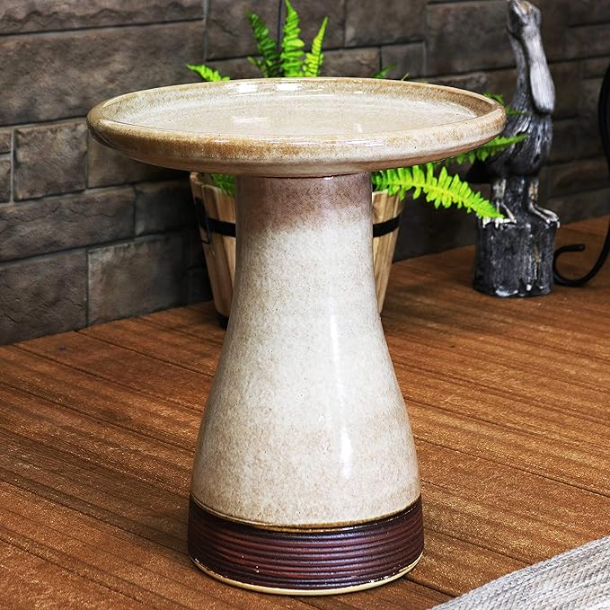 Sunnydaze 21" H Ceramic Bird Bath for Outside - Hand-Painted Outdoor Bird Bath Bowl, UV/Frost-Resistant Finish - Yam - Ribbed Pedestal-VerdiqueGarden