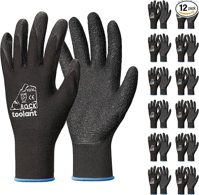 toolant Crinkle Latex Work Gloves Bulk, Rubber Coated Safety Work Gloves for Men and Women, 12 Pairs for Construction, Gardening, Warehouse (Black, XL)-VerdiqueGarden