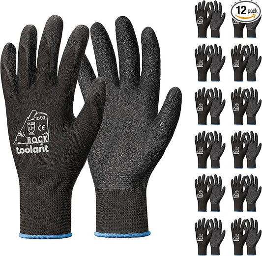 toolant Crinkle Latex Work Gloves Bulk, Rubber Coated Safety Work Gloves for Men and Women, 12 Pairs for Construction, Gardening, Warehouse (Black, XL)-VerdiqueGarden