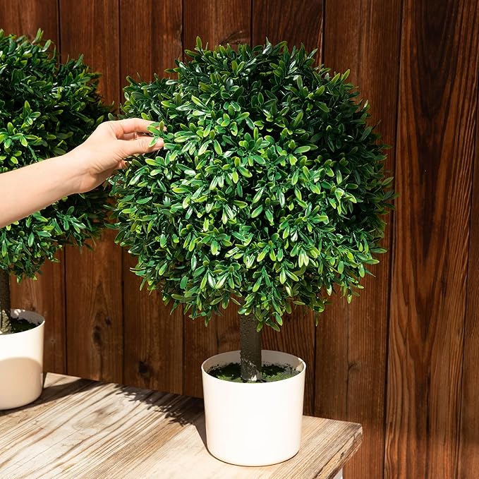 Premium 16" Diameter Artificial Japanese Boxwood Topiary – Set of 2 Faux Plants in Beige Decorative Planters – Realistic, UV-Resistant, Weatherproof Outdoor & Indoor Décor-VerdiqueGarden