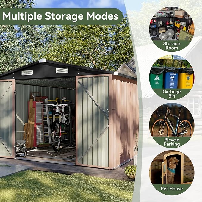 Aoxun 12x7.5 FT Shed Outdoor Storage Shed with Spacious Door Large Sheds with Double Lockable Door Galvanized Metal Shed for Garbage Can, Bike, Mower, Brown-VerdiqueGarden