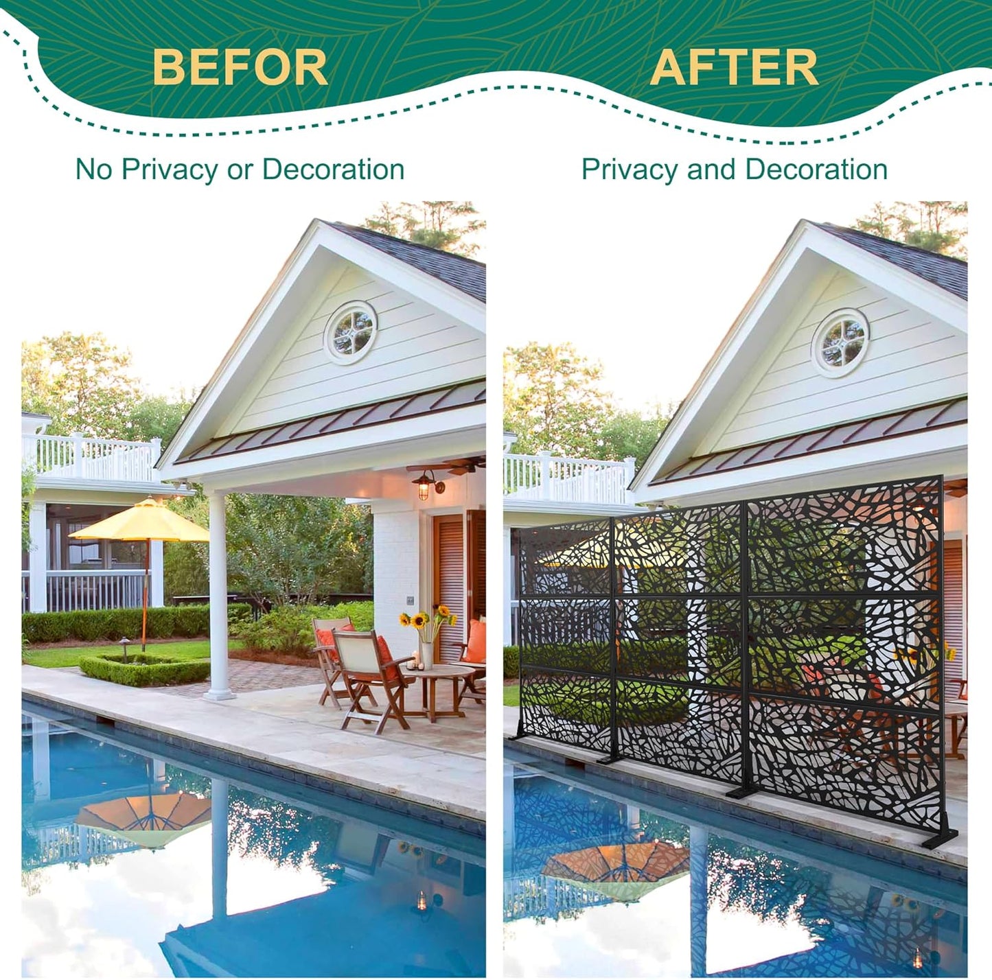 72" H×47" W Metal Privacy Screen Outdoor Privacy Screen Freestanding, Outdoor Privacy Screens and Panels for Patio Lawn Deck, Outdoor Privacy Panels Decorative Privacy Fence(Consists of 3 Panels)-VerdiqueGarden