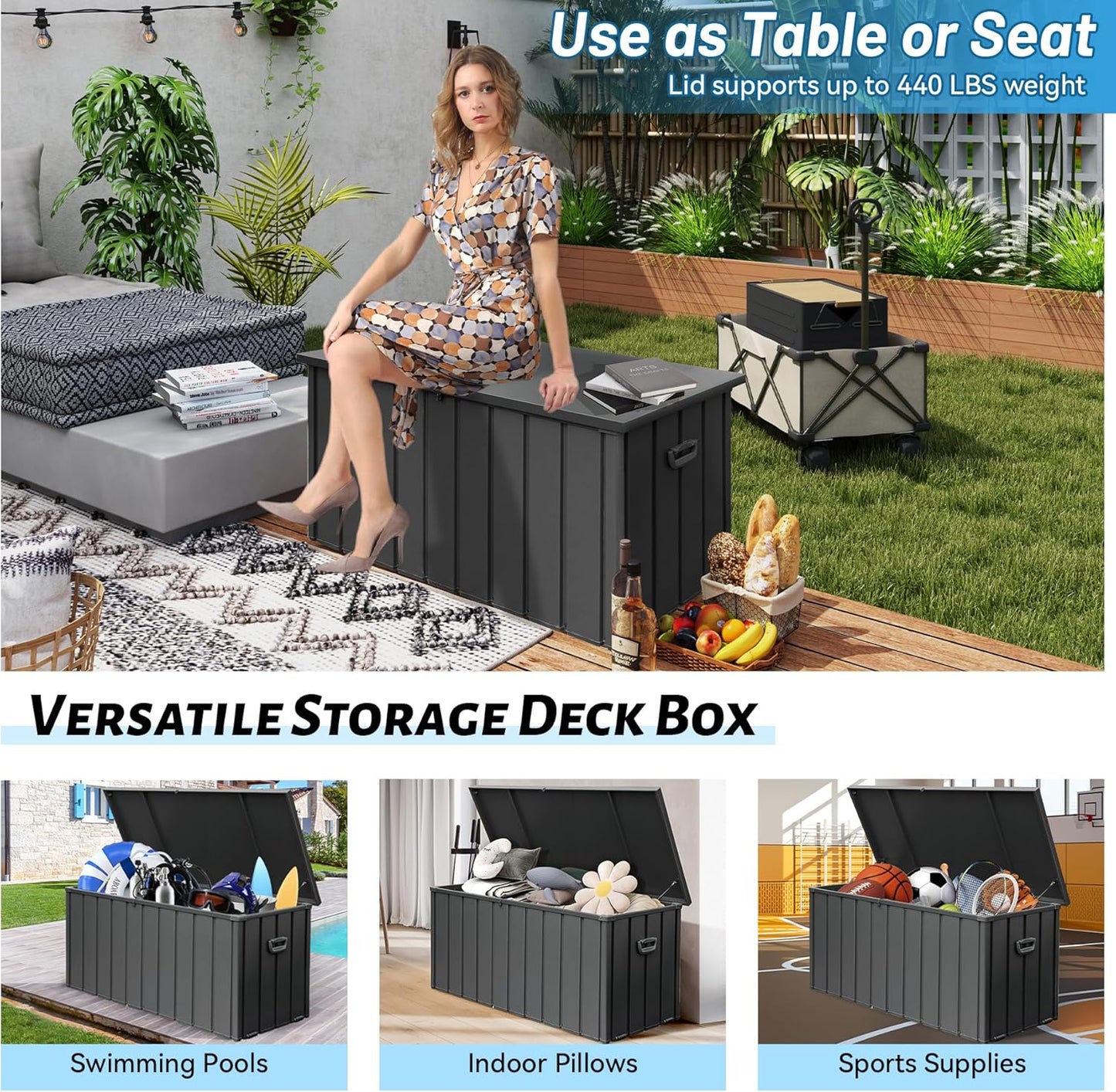 160 Gallon Outdoor Storage Deck Box Made of Galvanized Steel, Waterproof All Weather Outside Storage Bench UV-Resistant on Wheel, Lockable Package Delivery Box for Porch, Cushion, Tools, Grey-VerdiqueGarden