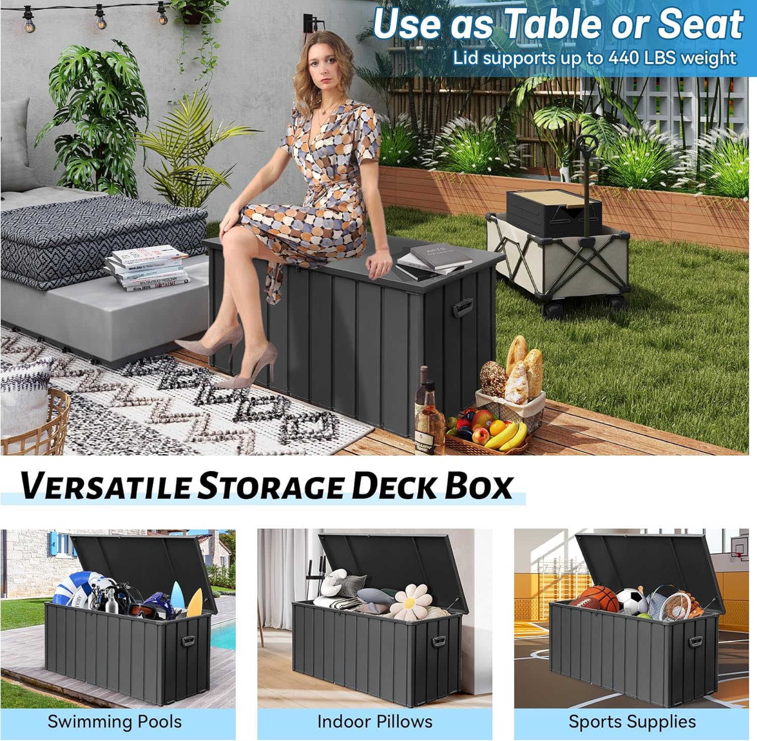 160 Gallon Outdoor Storage Deck Box Made of Galvanized Steel, Waterproof All Weather Outside Storage Bench UV-Resistant on Wheel, Lockable Package Delivery Box for Porch, Cushion, Tools, Grey-VerdiqueGarden