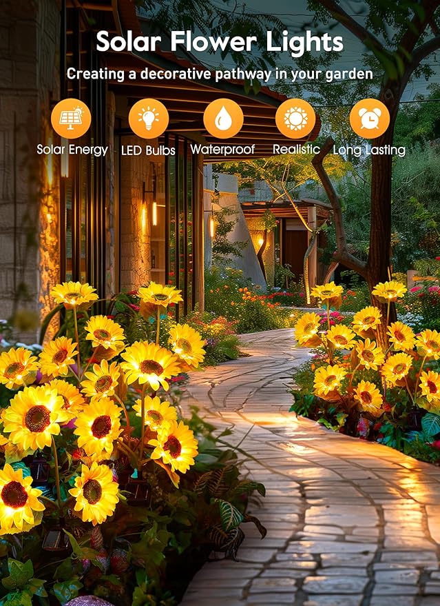 Brightown Outdoor Solar Garden Lights - 4 Pack LED Solar Flower Lights with Larger & More Realistic Sunflowers, Bigger Solar Panel, Waterproof Solar Lights for Outside Yard Patio Garden Decorations-VerdiqueGarden