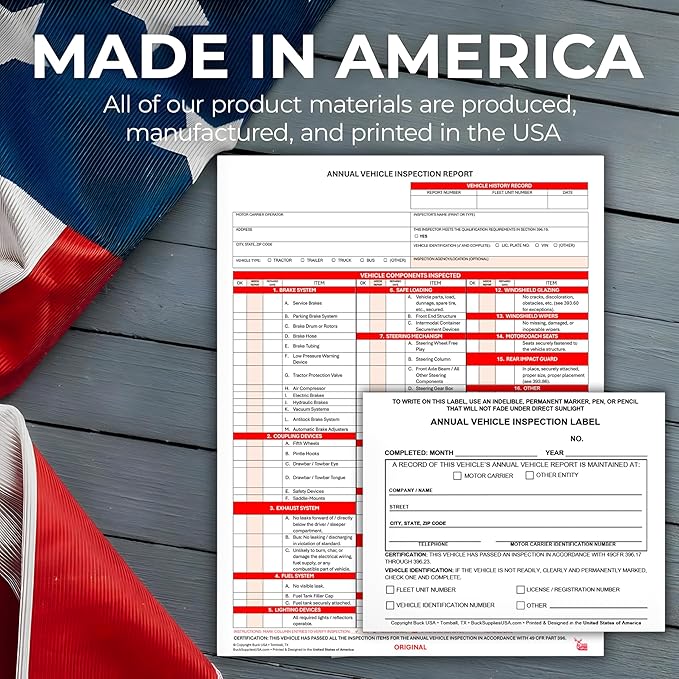 5 Pack 3-Ply Carbonless Annual Vehicle Inspection Report Forms with FMCSA 2-Ply Mylar Laminate Adhesive Vinyl Labels, DOT Inspection Forms and Stickers, Shrink-Wrapped, 8.5" x 11.75" - Made in USA-VerdiqueGarden