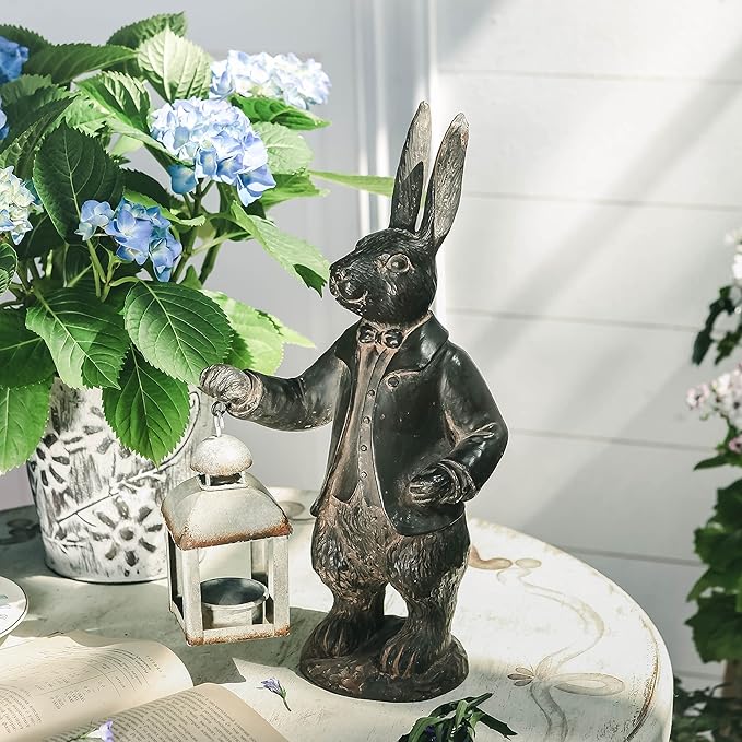 NIKKY HOME Easter Bunny Decorations, Vintage Resin Bunny Figurine with Lantern, Metal Rabbit Tealight Candle Lantern Holder Rabbit Outdoor Statues Gift for Garden Home-VerdiqueGarden