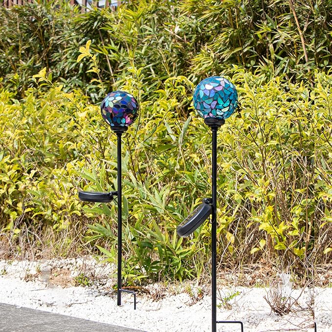 VCUTEKA Solar Garden Decorative Lights Outdoor, Mosaic Solar Light Waterproof LED Pathway Stake Light for Landscape Patio Yard Deck Walkway Decoration, 2 Pack （Blue&Purple）-VerdiqueGarden