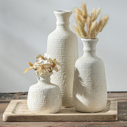 Ceramic Vase Set of 3, Neutral Rustic Vases Home Decor Farmhouse Decorative Vase Whitewashed Pottery Decor Boho Modern for Table Mantel Entryway Bookshelf Living Room Kitchen Bathroom Bedroom - White-VerdiqueGarden