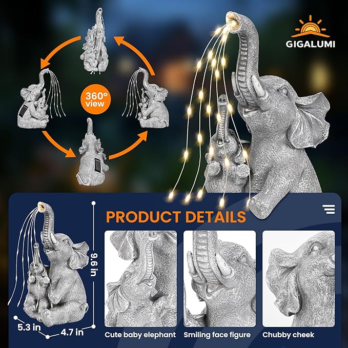 GIGALUMI Solar Garden Outdoor Statues for Women, Mom, Grandma. Elephant Figurine Housewarming and Birthday Gifts Outdoor Statue Light Decor Ornament for Backyard, Patio, Balcony, Lawn, Pond-VerdiqueGarden