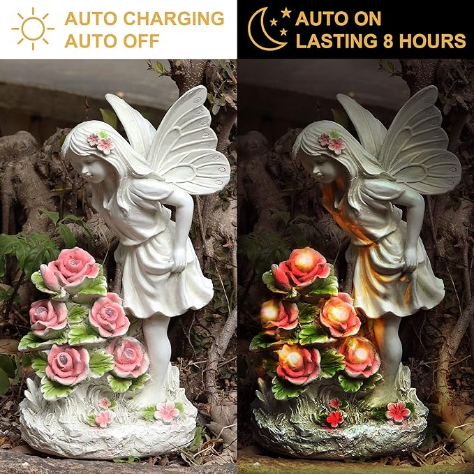 Garden Figurines Angel Garden Statue Outdoor Decor, Solar Powered Resin Sculpture with 5 LEDs Art Decoration for Patio Lawn Yard Porch, Ornament Housewarming Garden Gift, 12.8 x 7.5 x 6.1 Inch-VerdiqueGarden