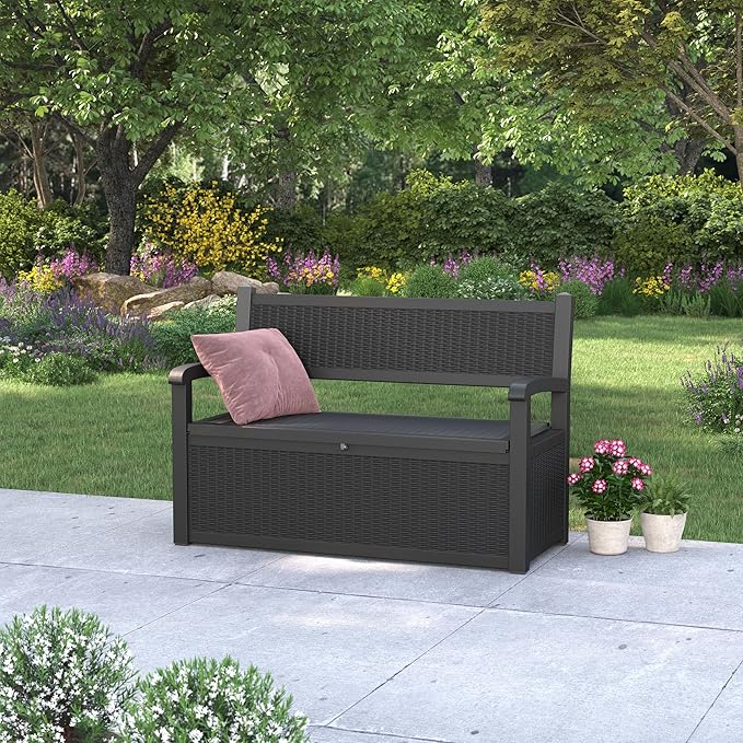 80 Gallon Outdoor Storage Box, Resin Patio Furniture with Armrest, Lockable Deck Box with Waterproof and UV Resistant for Patio Cushions, Garden Tools and Pool Supplies, Black-VerdiqueGarden