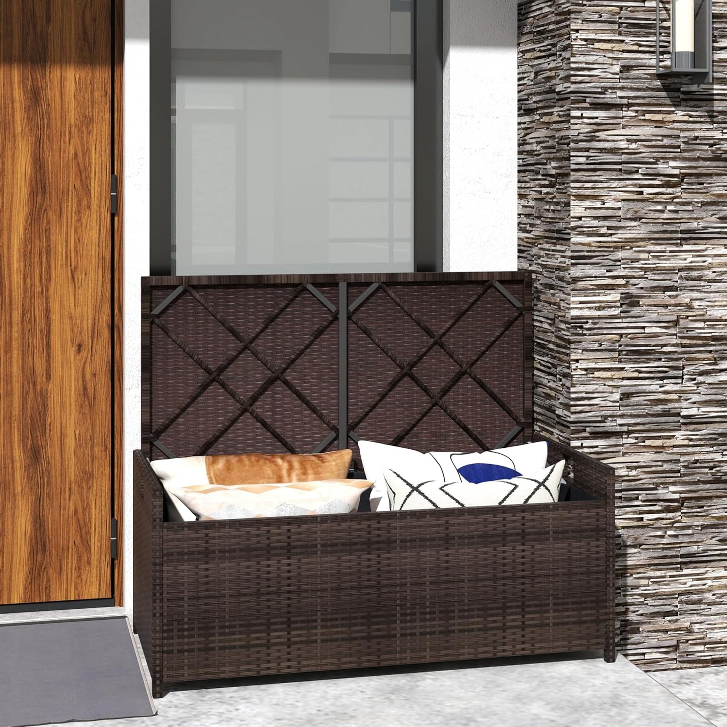 RELAX4LIFE 34-Gallon Outdoor Storage Box - Wicker Rattan Deck Box w/Seat Cushion, Waterproof Liner & Side Handles for Pillows, Patio Cushions, Pool Supplies, Garden Tools, Porch Outdoor Storage Bench-VerdiqueGarden