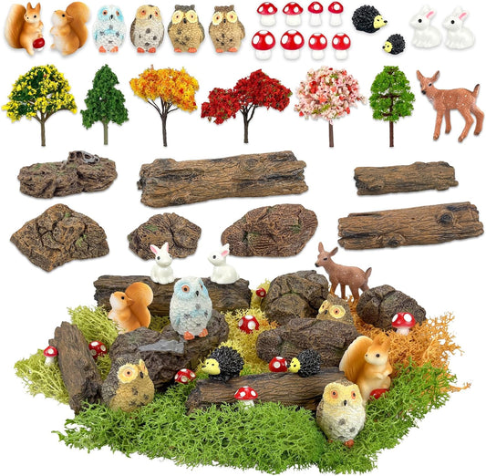 36 Pcs Fairy Garden Accessories, Mini Resin Animals Figures, Artificial Tree Stumps and Fake Stone Rocks, Moss Bonsai Micro Landscape Ornaments Kit, Miniature Garden Kit, Terrarium Ornaments DIY Craft-VerdiqueGarden