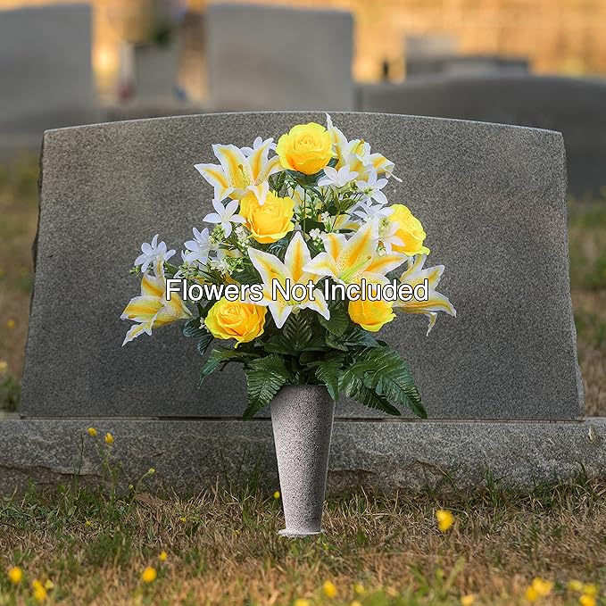 Cemetery Vase with Stakes - Plastic Flower Vases with 2 Ground Spikes, Draining Holes - for Garden, Lawn, Yard - Memorial Grave Decorations 12.7x3.4x3.9, Grey Granite Design-VerdiqueGarden