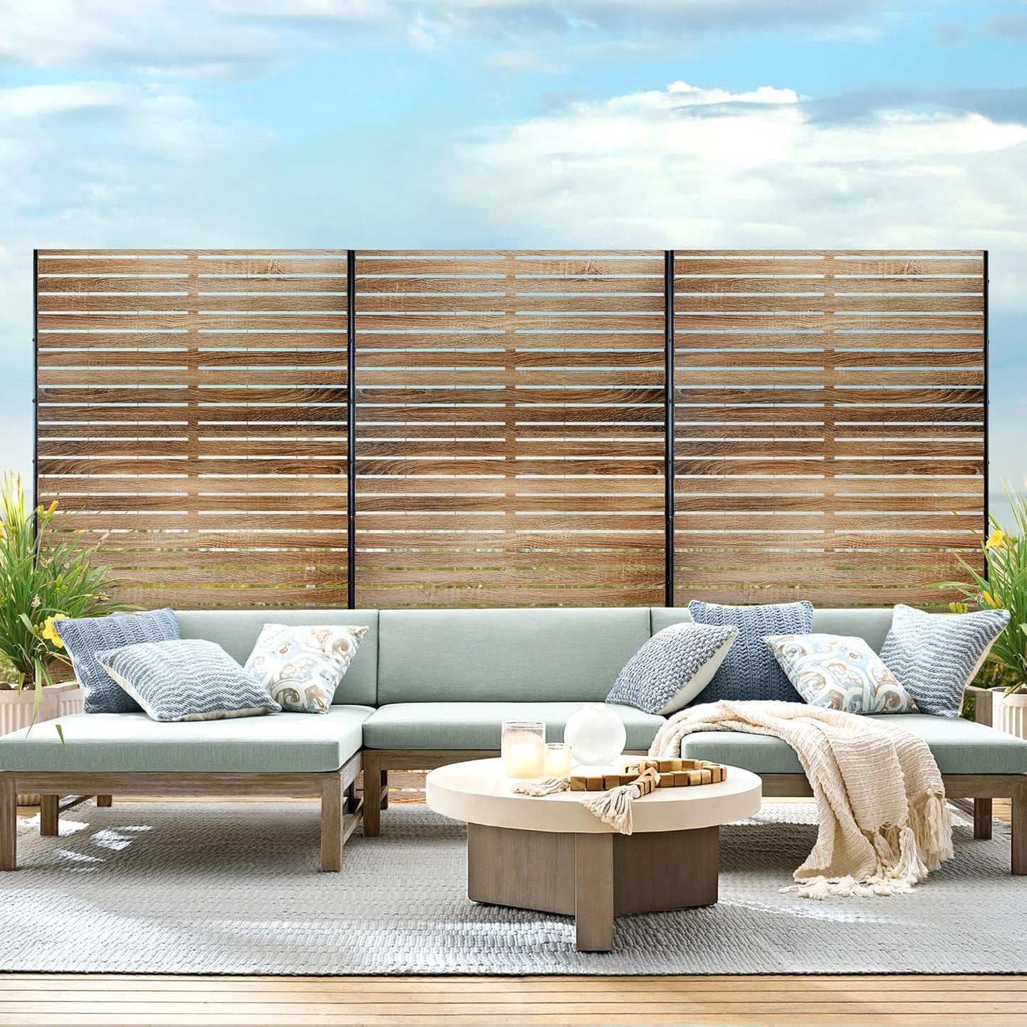 Metal Privacy Screen Outdoor 72" H×47" W,Freestanding Decorative Privacy Screen for Balcony Yard&Garden,Privacy Fence-Wooden Color-VerdiqueGarden