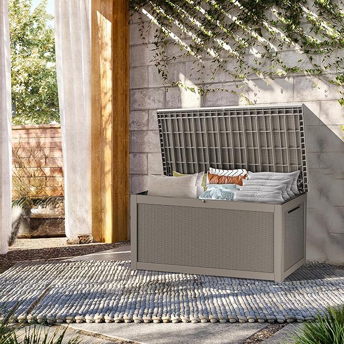 320 Gallon Lockable Resin Deck Box, Waterproof & UV-Resistant Outdoor Storage Box for Outdoor Cushion Storage, Garden Tools & Pool Accessories Storage, Gray-VerdiqueGarden