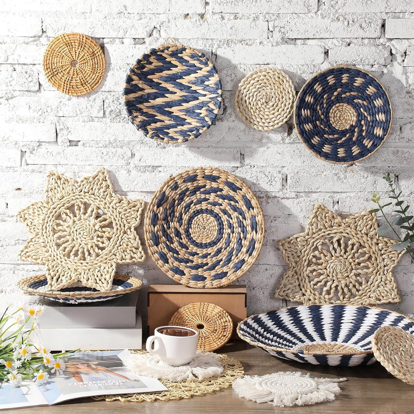 15 Pcs Boho Wall Basket Decor Woven Rattan Seagrass Wall Decor Hanging Rustic Farmhouse Western Art Decoration for Nursery Living Room Bedroom Home Kitchen(Blue Style)-VerdiqueGarden