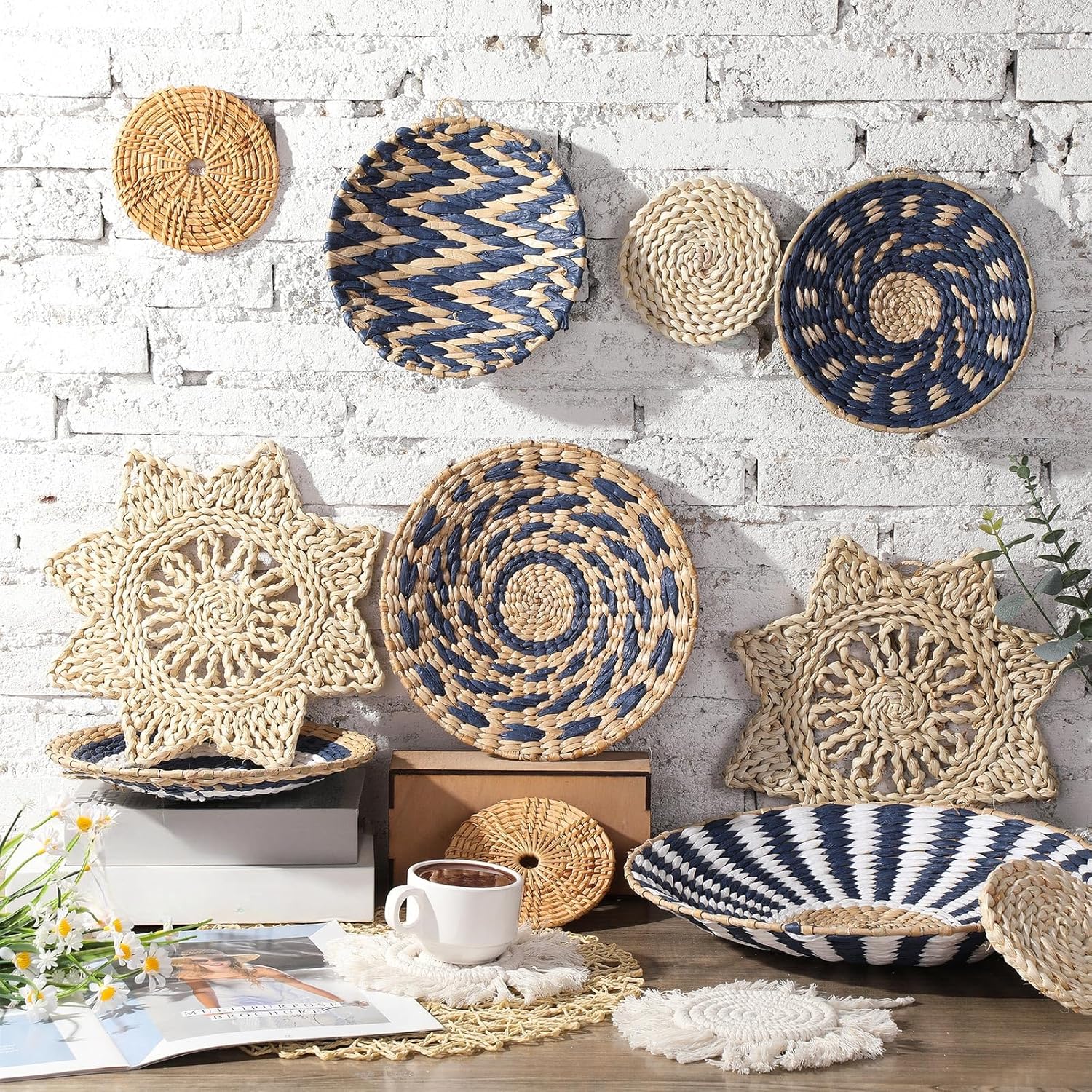 15 Pcs Boho Wall Basket Decor Woven Rattan Seagrass Wall Decor Hanging Rustic Farmhouse Western Art Decoration for Nursery Living Room Bedroom Home Kitchen(Blue Style)-VerdiqueGarden