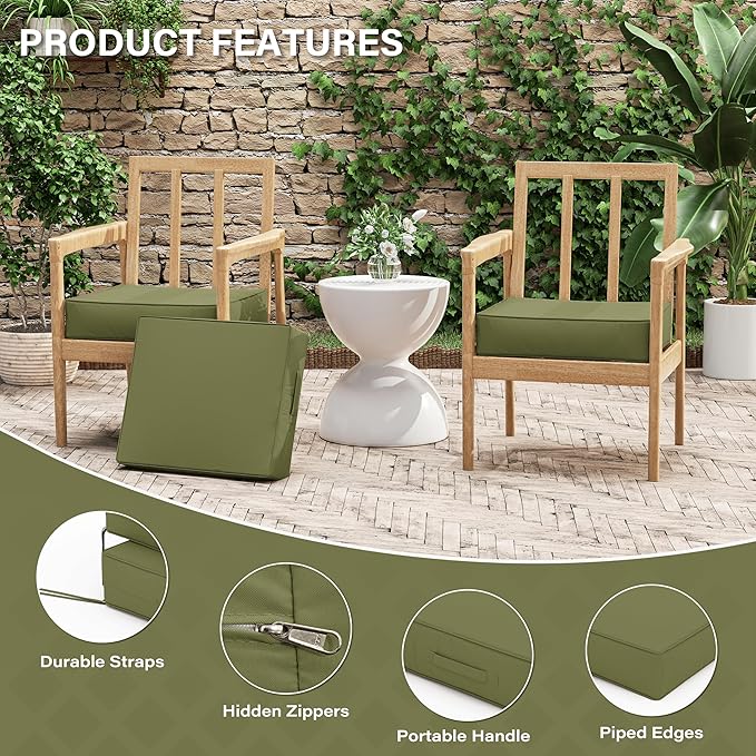 Patio Chair Cushions 18.5 X 16 X 4 Inch Waterproof Outdoor Seat Cushions for Patio Furniture, Outdoor Sofa Couch Pads with Ties & Handle, Set of 2, Light Green-VerdiqueGarden