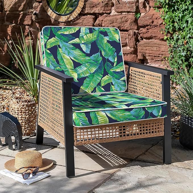 LVTXIII Patio Chair Cushions 22"x22"x3", Water-Repellent Outdoor Seat Cushions for Patio Furniture, Square Chair Pads with Ties for Home Garden Decoration, Set of 2, Hanalei Lagoon-VerdiqueGarden