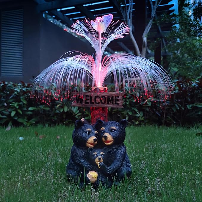 Solar Bear Garden Statues,Resin Black Bear Family Figurine with Welcome Card and 7-Color Changing Optical Fiber with Solar Lights, Lawn Decor Outdoor Statue for Patio,Balcony,Yard,Lawn-VerdiqueGarden