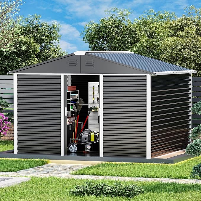Metal Outdoor Storage Shed 10FT x 10FT, Steel Utility Tool Shed Storage House with Sliding Door, Metal Sheds Outdoor Storage for Backyard Garden Patio Lawn, Black-VerdiqueGarden