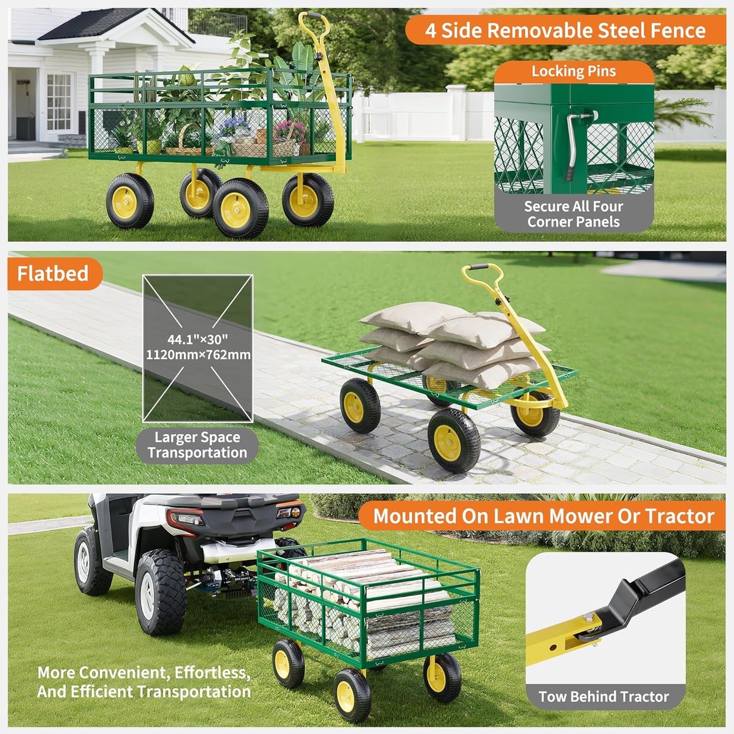 3-in-1 Heavy-Duty Steel Garden Cart, 1400 Lbs Garden Wagon, with 13 Inch All-Terrain Tires and Removable Mesh Side Panels, 180° Rotating Handle, Metal Multi-Function Carts, Outdoor Gardens Wagon Cart-VerdiqueGarden