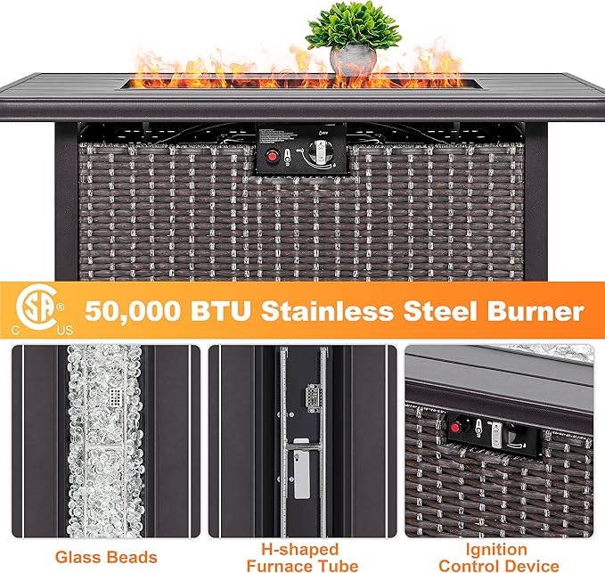 Nuu Garden Outdoor 43 Inch 50,000 BTU Propane Fire Pit Table, CSA Certified Patio Propane Fire Pit with Wind Guard, Lid, Oxford Cover, 7 lbs Glass Stone, Dark Brown-VerdiqueGarden