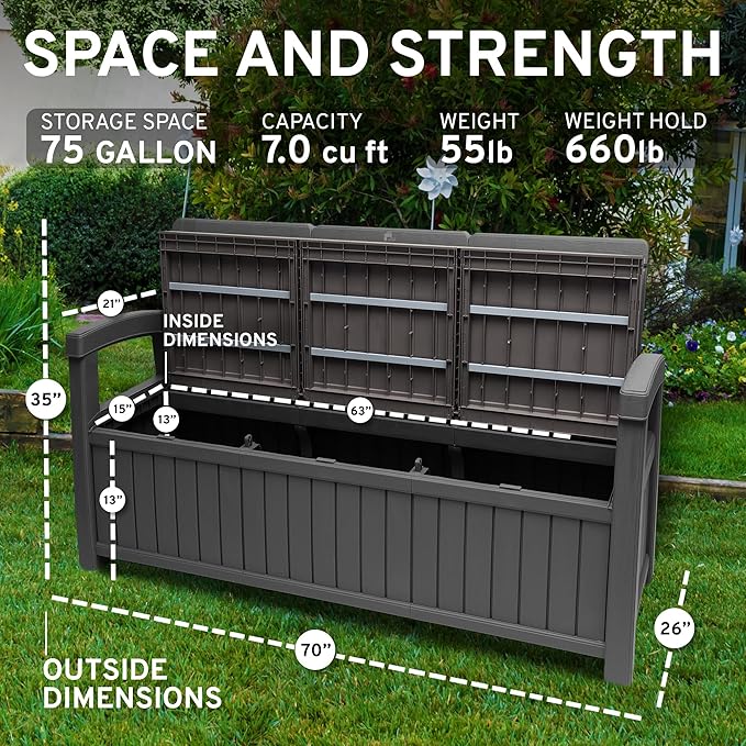 EconoHome 3 Seat Outdoor Storage Bench with Rain Cover - 90 Gallon Capacity - Weatherproof Resin Bench for Patio, Porch, Garden, Yard, Pool Area - Furniture for Pool Accessories, Gardening Tools-VerdiqueGarden