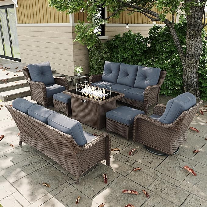 8 Pieces Outdoor Patio Furniture Sets with Rocking Swivel Chairs with 6-inch Thick Cushion and Fire Pit Table for Deck Lawn-VerdiqueGarden
