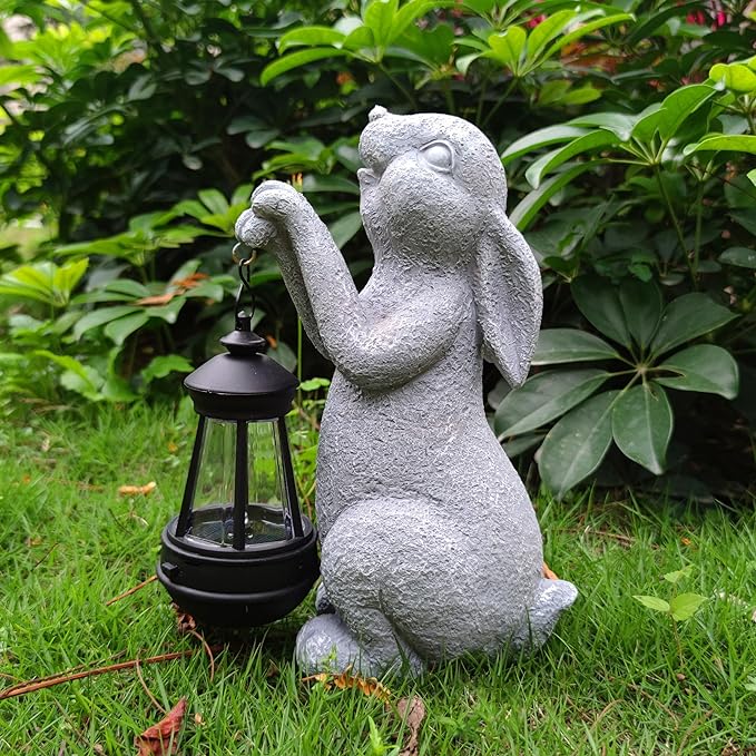Rabbit Solar Garden Outdoor Statues,Resin Rabbit Figurine Decorations with Solar Lights Lantern, Outdoor Rabbit Art Decor for Lawn,Yard, Unique Housewarming Gift for Garden Home-VerdiqueGarden