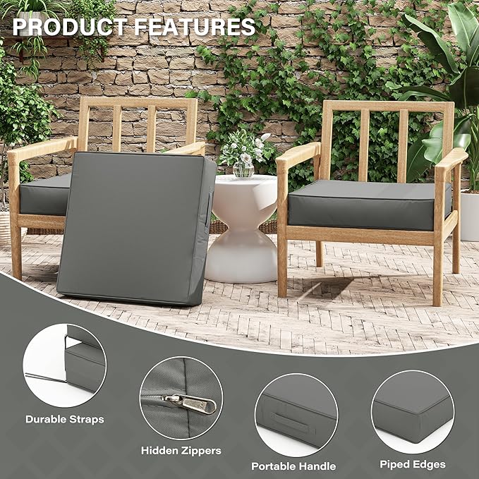 Patio Chair Cushions 24 X 24 X 5 Inch Waterproof Outdoor Seat Cushions for Patio Furniture, Outdoor Sofa Couch Pads with Ties & Handle, Set of 2, Light Grey-VerdiqueGarden