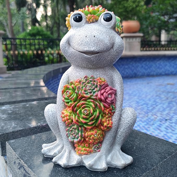 Large Frog Solar Garden Outdoor Statues with Succulent and 8 LED Lights,Outside Solar Frog Art Decor for Lawn,Yard, Balcony Ornament-VerdiqueGarden
