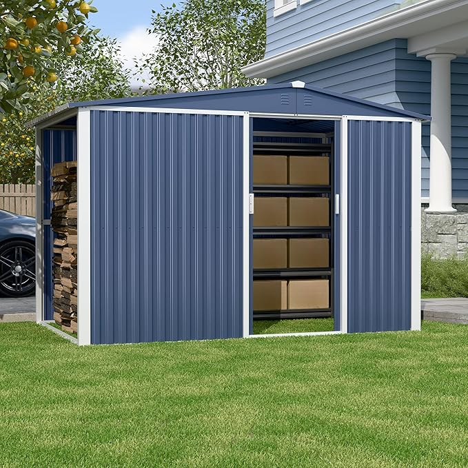 Metal Outdoor Storage Shed 10FT x 6FT with Firewood Storage, Steel Utility Tool Shed Storage House with Sliding Door, Metal Sheds Outdoor Storage for Backyard Garden Patio Lawn, Blue-VerdiqueGarden