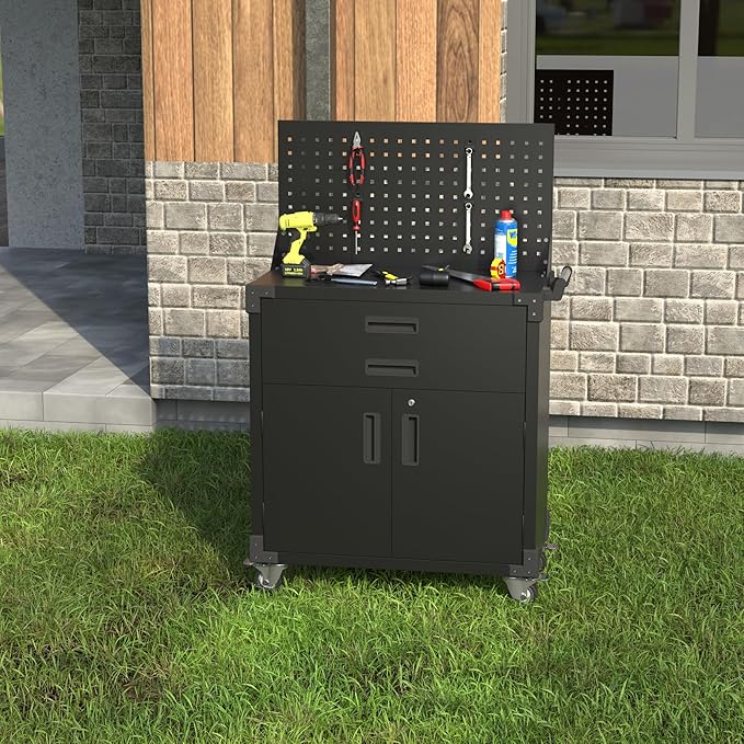 Tool Chest, Tool Cart with 2 Drawer and Lockable Doors, Garage Storage Cabinet with Wheels, Pegboard and 4 Hooks for Garage, Workshop, Metal Tool Storage Cart-VerdiqueGarden
