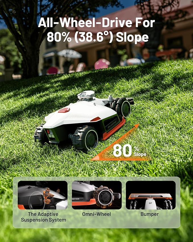 LUBA 2 AWD 5000HX Robot Lawn Mower with 4G, Reception 1.25 Acres, Max. 1.48 Acres, All-Wheel-Drive for 80% Slope, UltraSense AI Vision & RTK Automatic Edge Mapping, 2.2"-4.0" Cutting Height-VerdiqueGarden