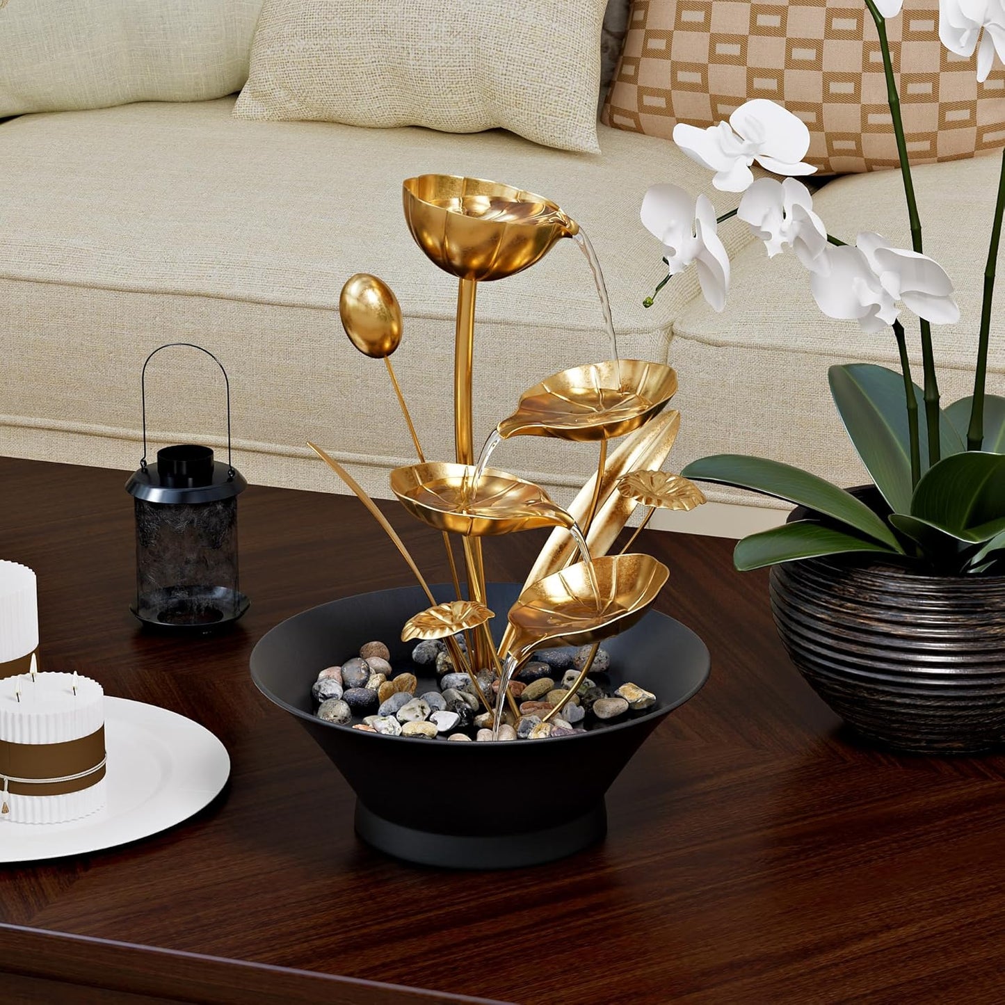 Tabletop Water Fountain, Indoor Waterfall Meditation Fountain with Golden Lotus Modeling & Natural Rocks, Home Decor for Office, Bedroom-VerdiqueGarden
