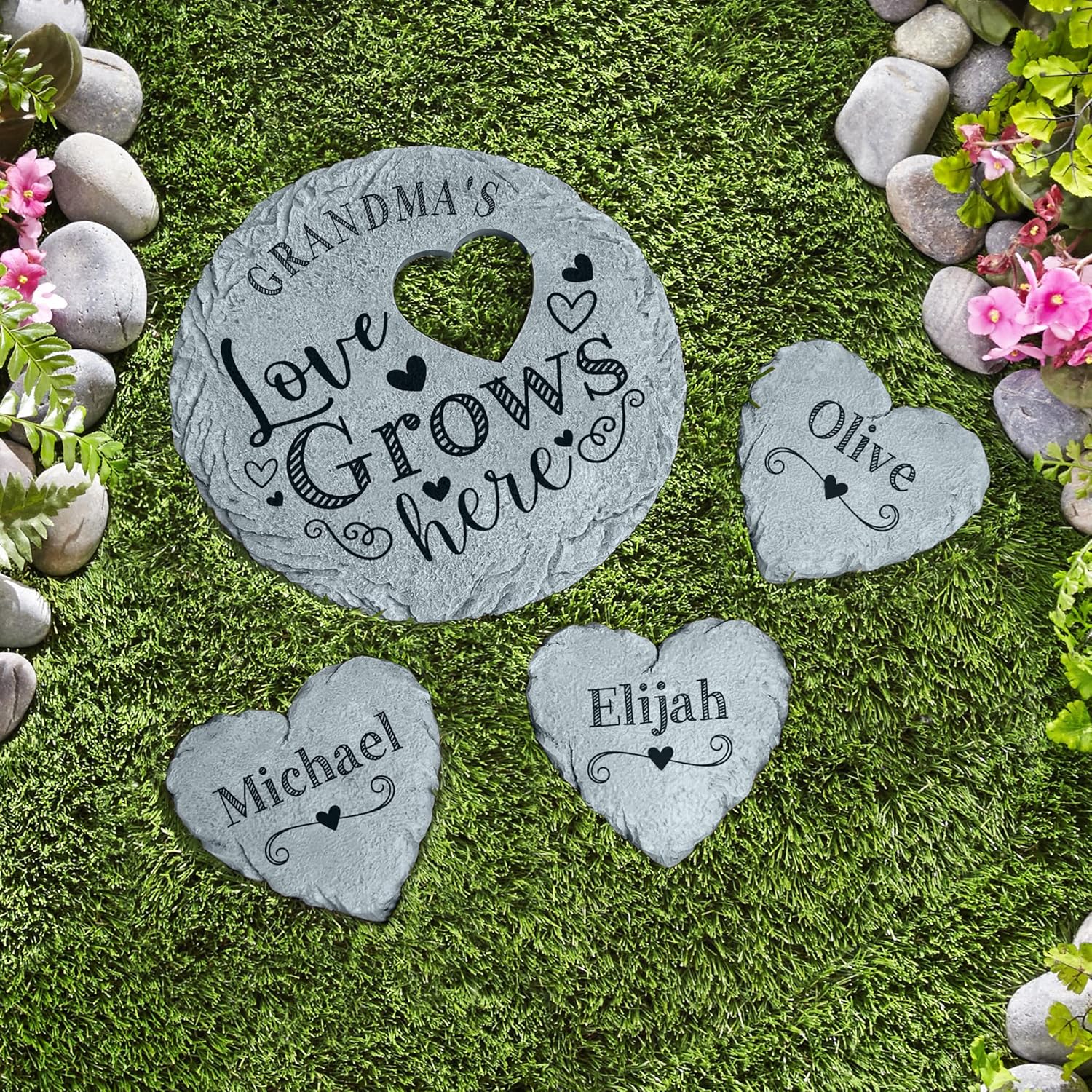 Let's Make Memories Personalized Garden Stone - Resin - Custom Garden Décor - Love Grows Here Round Stone with Heart Cutout - for Dad - for Father's Day-VerdiqueGarden