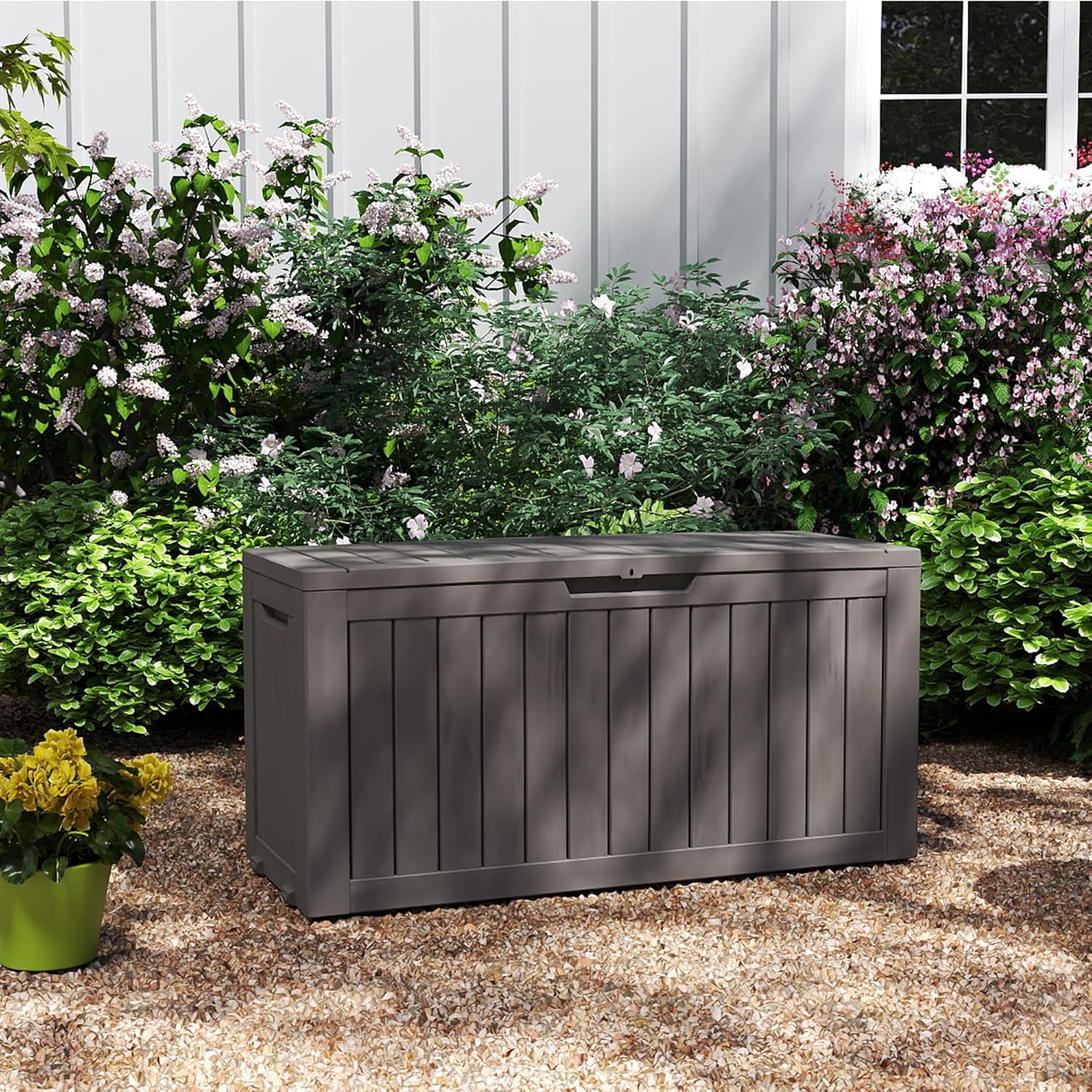 80 Gallon Coffee Resin Deck Box - Rustic Outdoor Storage for Garden Tools, Patio Essentials & Package Delivery - Weatherproof, Lockable for Farmhouse Decks-VerdiqueGarden