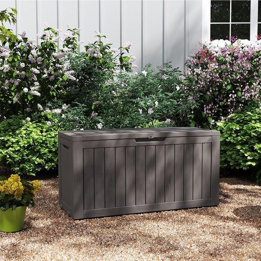 80 Gallon Coffee Resin Deck Box - Rustic Outdoor Storage for Garden Tools, Patio Essentials & Package Delivery - Weatherproof, Lockable for Farmhouse Decks-VerdiqueGarden