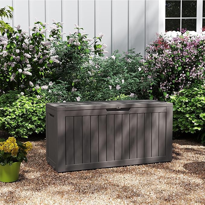 80 Gallon Outdoor Storage Box with Wheels, Waterproof Lockable Resin Deck Box Patio Storage Bin for Pool Accessories Cushion Furniture, Garden Tools, UV-Resistant Outside Delivery Grey-VerdiqueGarden
