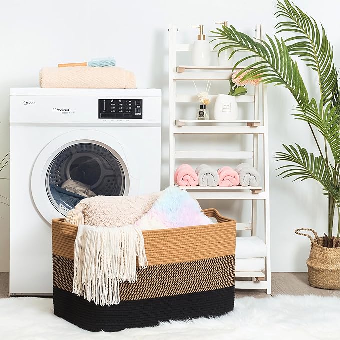 MINTWOOD Design 22in Extra Large Blanket Basket Holder for Living Room, Rectangle Rope Woven Storage Bin with Handles for Laundry, Pool Towels, and Shoes, Dog Toy Box Organizer, Black Jute-VerdiqueGarden