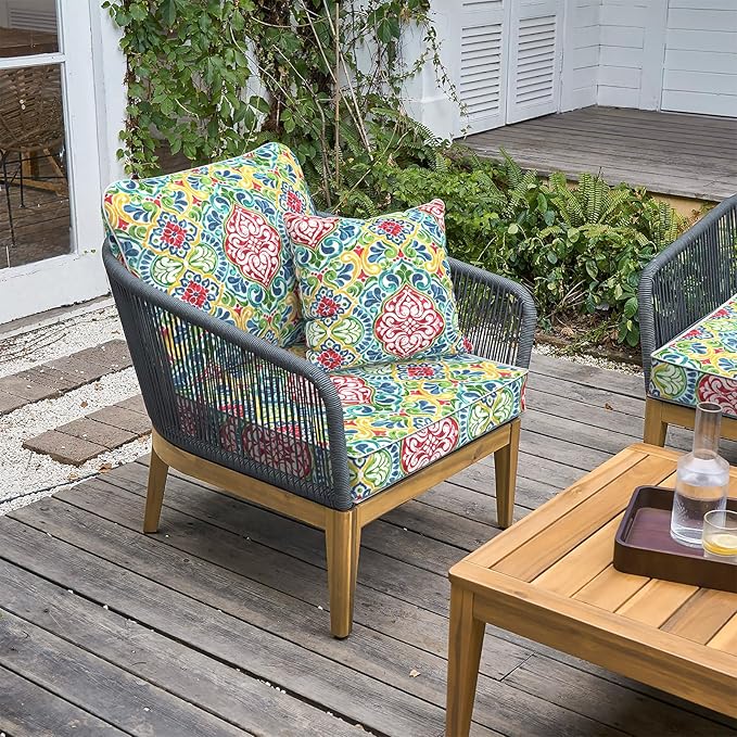 LVTXIII Outdoor Deep Seat Cushion Patio Seat and Back Cushion Set Seasonal Chair Cushion for Dining Arm Chairs, Wicker Chairs and Garden Furniture Decoration, 22"x22"x4", Damask Red-VerdiqueGarden