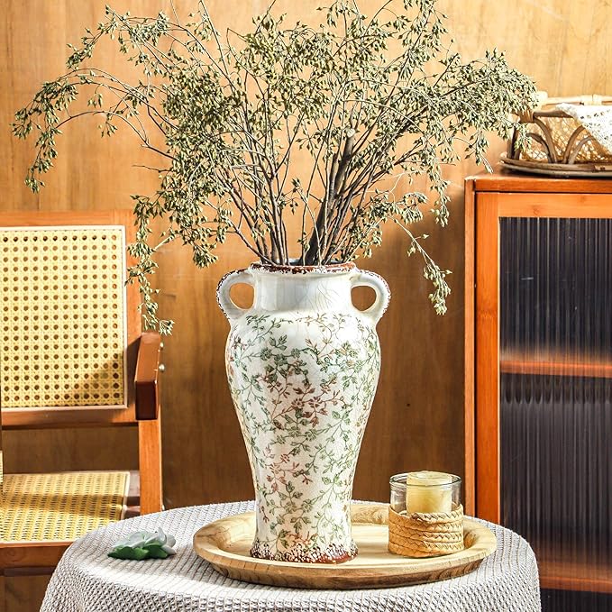 Enra Farmhouse Vintage vase with Handle,12.6 in Ceramic Chinoiserie Floral Vase,Green and Beige Decorative Flower vase,Large Rustic Vases for Home Decors, Living Room, Bookshelf, Office-VerdiqueGarden