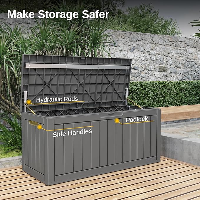EAST OAK Outdoor Storage Box, 90 Gallon Deck Box, Waterproof Resin Storage Bin for Patio Cushions, Gardening Tools, Lockable, UV Resistant, Grey-VerdiqueGarden