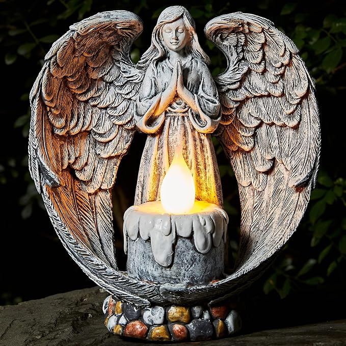 Angel Garden Statues Outdoor Cemetery Decorations for Grave Take The Cross Praying Wings Angel Figurine Cemetery Lights Patio Lawn Yard Porch Decorations 10.24 Inch-VerdiqueGarden