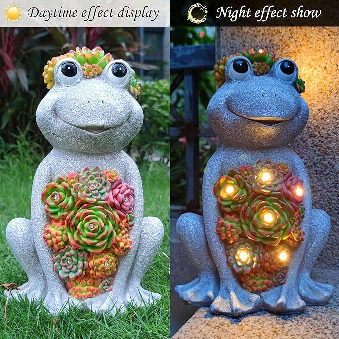 Large Frog Solar Garden Outdoor Statues with Succulent and 8 LED Lights,Outside Solar Frog Art Decor for Lawn,Yard, Balcony Ornament-VerdiqueGarden