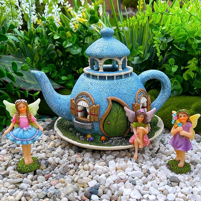 Mood Lab Fairy Garden Miniature Teapot House Kit - Figurines and Accessories Set of 4 pcs - 7.1 Inch Tall House-VerdiqueGarden