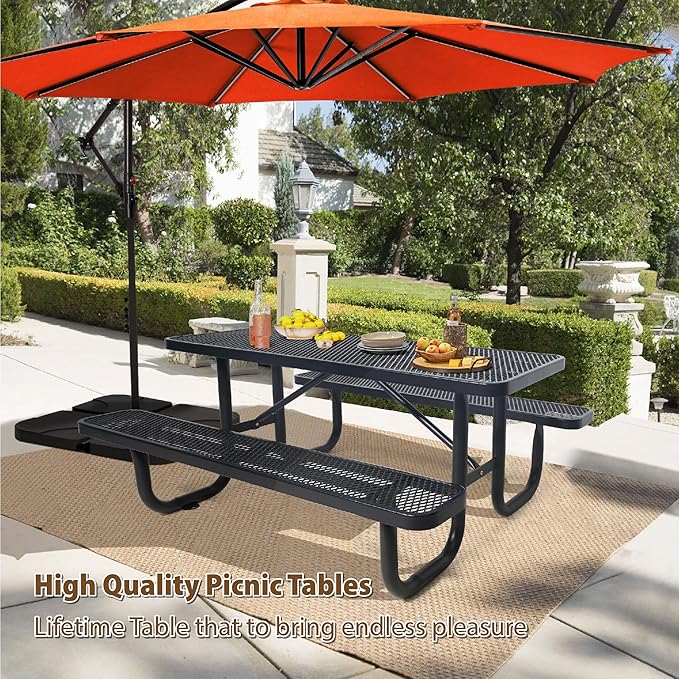 6FT Metal Picnic Tables for Outdoors, Commercial Rectangular Picnic Table and Bench Set for Outside, Patio, Garden, Backyard, Porch, Surface Mount, Black-VerdiqueGarden